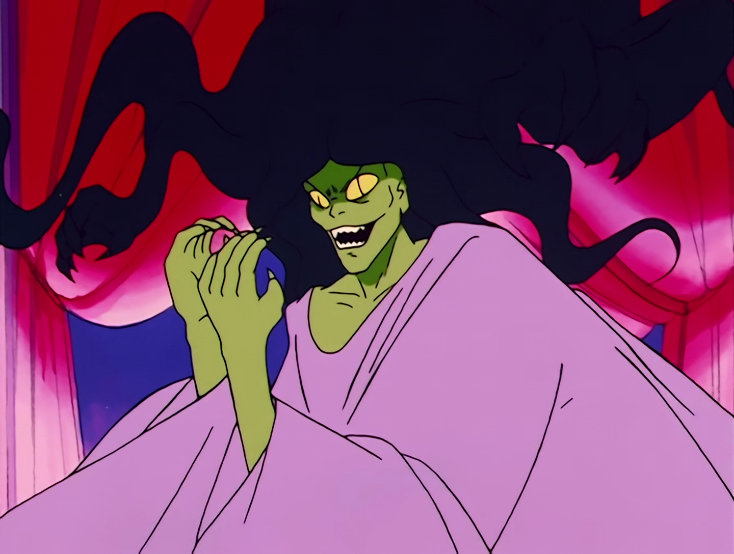 Balm, a Youma from Sailor Moon episode 2. She has green skin, wild hair that’s forming tentacles, and yellow snake-like eyes. She’s wearing a lilac robe, and… that’s it. Not a lot to this one.
